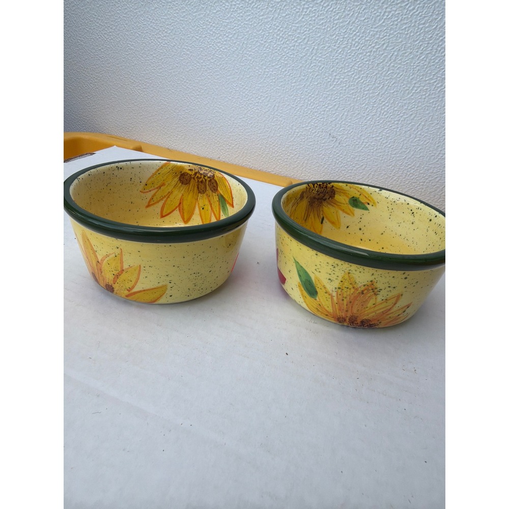 Temp-tations by Tara Sunflower Ramekins Set of 2 Yellow Floral Ceramic Bowls 4in
